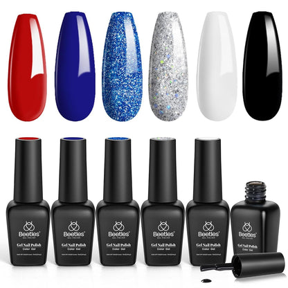 Beetles Gel Nail Polish Set, 6 Retro Colors Old School Collection Soak Off UV Gel Polish Red Yellow Blue Orange Green Gel Polish Nail Art Design Spring Manicure Kit Salon DIY Gifts for Women Girls