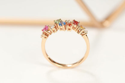 10K Yellow Gold Multi Sapphire, Ruby and Tsavorite Ring with Diamonds for Women | Ethically, Authentically & Organically Sourced (Round-Cut) Shaped Sapphire Hand-Crafted Jewelry for Her | Sapphire Ring for Women