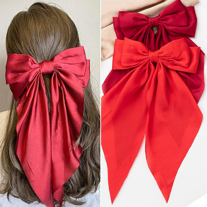 Hair Bows 2 PCS, Ribbon Bow for Women, Hair Ribbons, Oversized Long-Tail Cute Aesthetic Hair Accessories, Large Hair Barrettes for Women, Big Bows for Girls (Bright Red Wine Red)