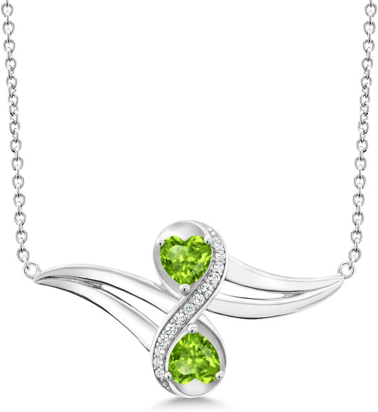 925 Sterling Silver Green Peridot and White Created Sapphire 2 Heart Infinity Pendant Necklace for Women (1.13 Cttw, Gemstone Birthstone, with 18 Inch Silver Chain)