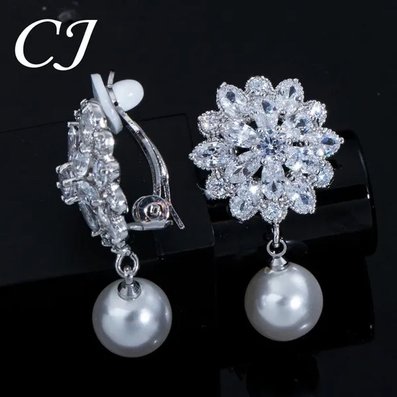 CANDICE White Gold Plated Beautiful CZ Zirconia Stones Snowflake Drop Women Party Clip On Pearl Earrings Without Piercing Jewelry for Non Hole Ears