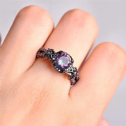 Bamas Mystic Rainbow Fire Topaz Flower Ring Purple Amethyst Black Gold color Jewelry Size 5-12 Bague Femme