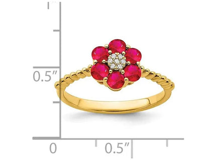 9/10 Carat (ctw) Natural Ruby Flower Ring in 14K Yellow Gold
