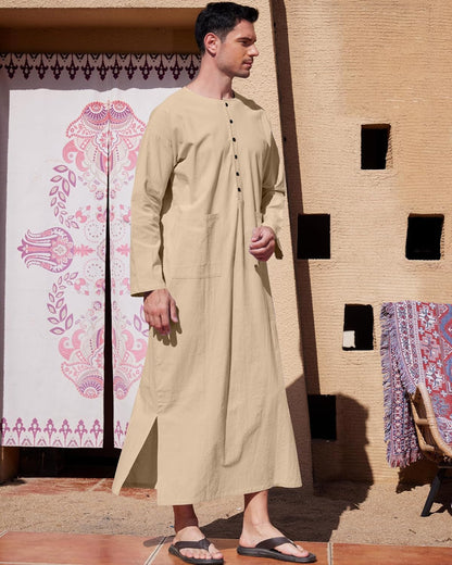 Men'S Kaftan Thobe Long Sleeve Muslim Robe Button up Side Split Kaftan Thobe with Pockets