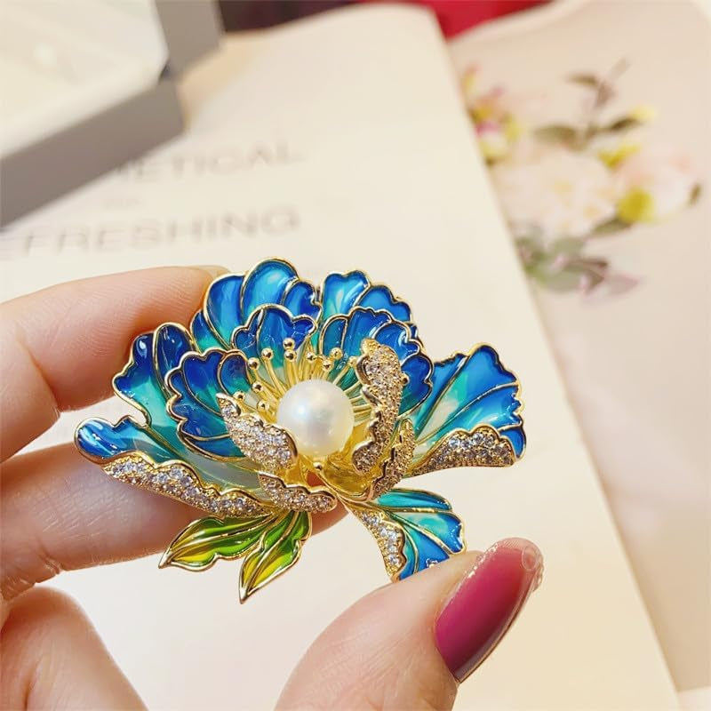 Classical Enamel Blue Peony Flower Brooch, Natural Freshwater Pearl, Exquisite High-End Chinese Style Cheongsam Hanfu Accessory Pin