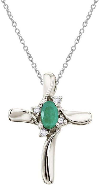 10K White Gold Emerald and Diamond Cross Pendant with 18" Chain