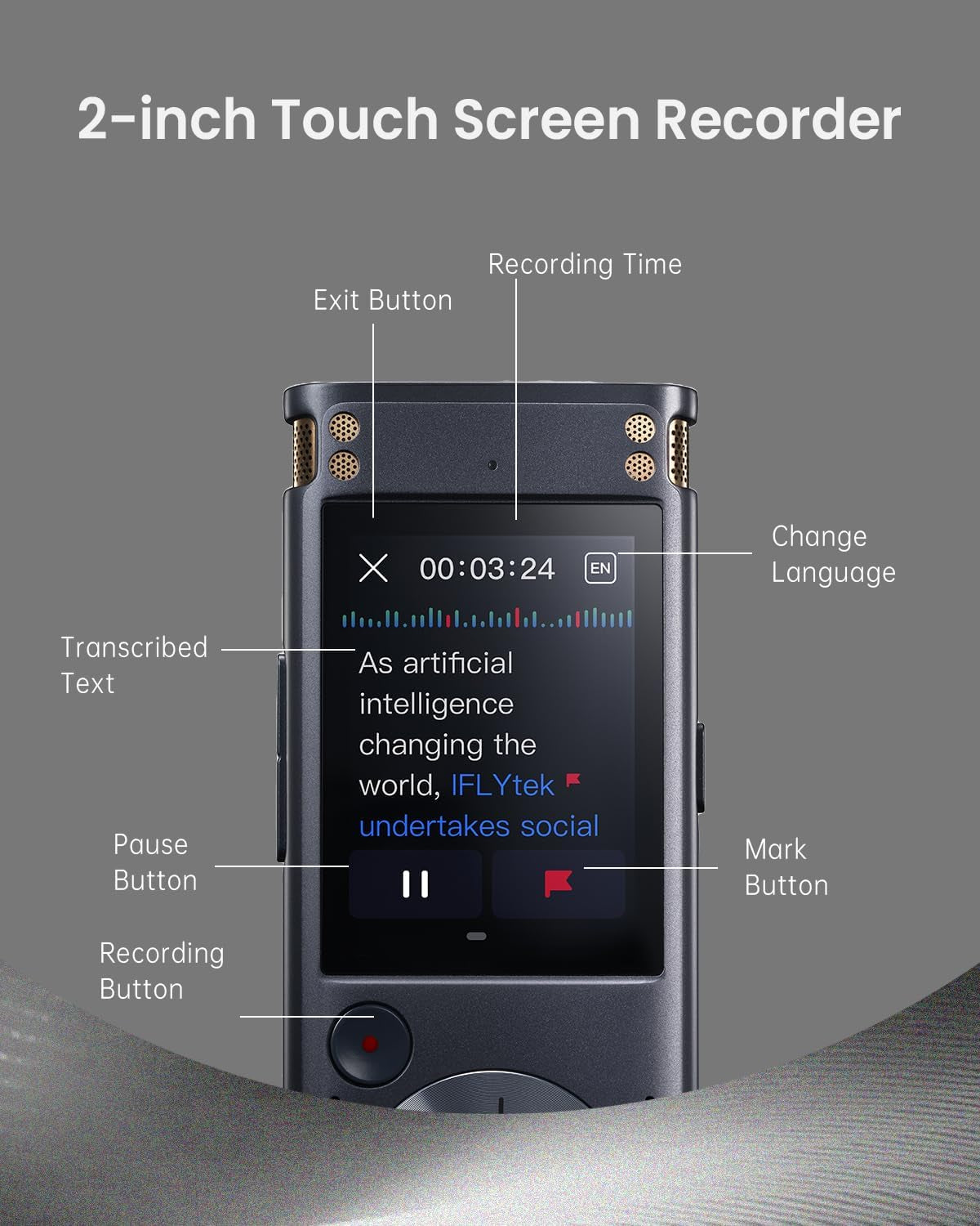 Offline Voice Recorder with Playback, Secure Digital Recorder with AI Transcription, 5-Language Voice-To-Text, Noise Reduction, AI Voice Recorder for Meetings, Interviews, Learning