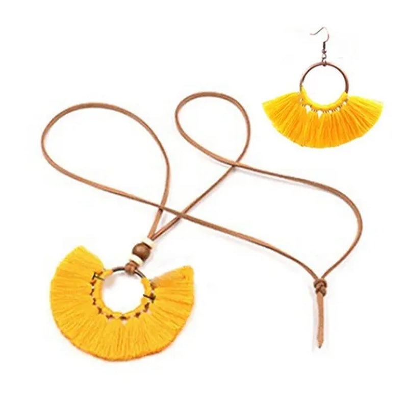 Retro Bohemia Tassel Fan-Shaped Necklace Earrings Set Tassel Jewelry Set Ethnic Big Necklace Beach Wear