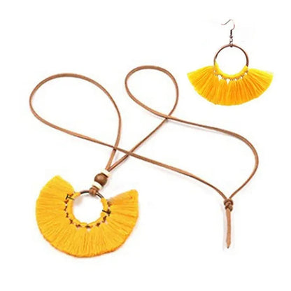Retro Bohemia Tassel Fan-Shaped Necklace Earrings Set Tassel Jewelry Set Ethnic Big Necklace Beach Wear
