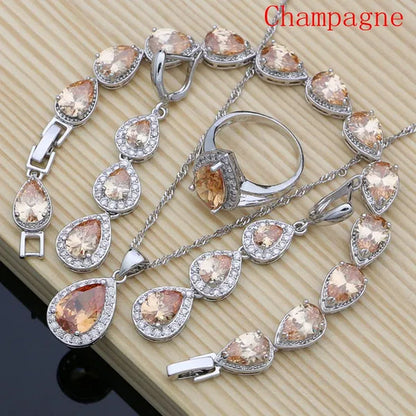 Water Drop 925 Sterling Silver Jewelry Red Ruby White Topaz Jewelry Sets Women Earrings/Pendant/Necklace/Rings/Bracelet