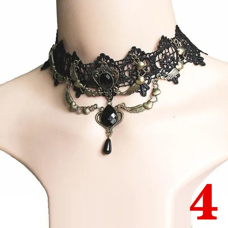 1 PCS Black Lace Necklace Chokers Vintage Style Female Gothic Wedding Red Rose Crystal Diamond Pendant Collarbone Necklace Chain Accessories for Women Girls(10 Style)