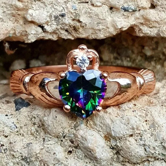 .925 Sterling Silver Rose Gold Rainbow Mystic Topaz Claddagh Ladies Ring Size 4-10 Midi Knuckle