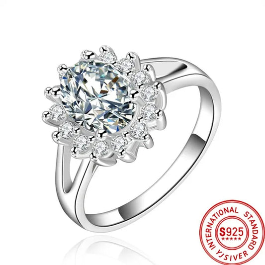 NEW 925 Sterling Silver Shiny Crystal Flower Rings for Women Fashion Wedding Party Gifts Girl Student Charm Jewelry
