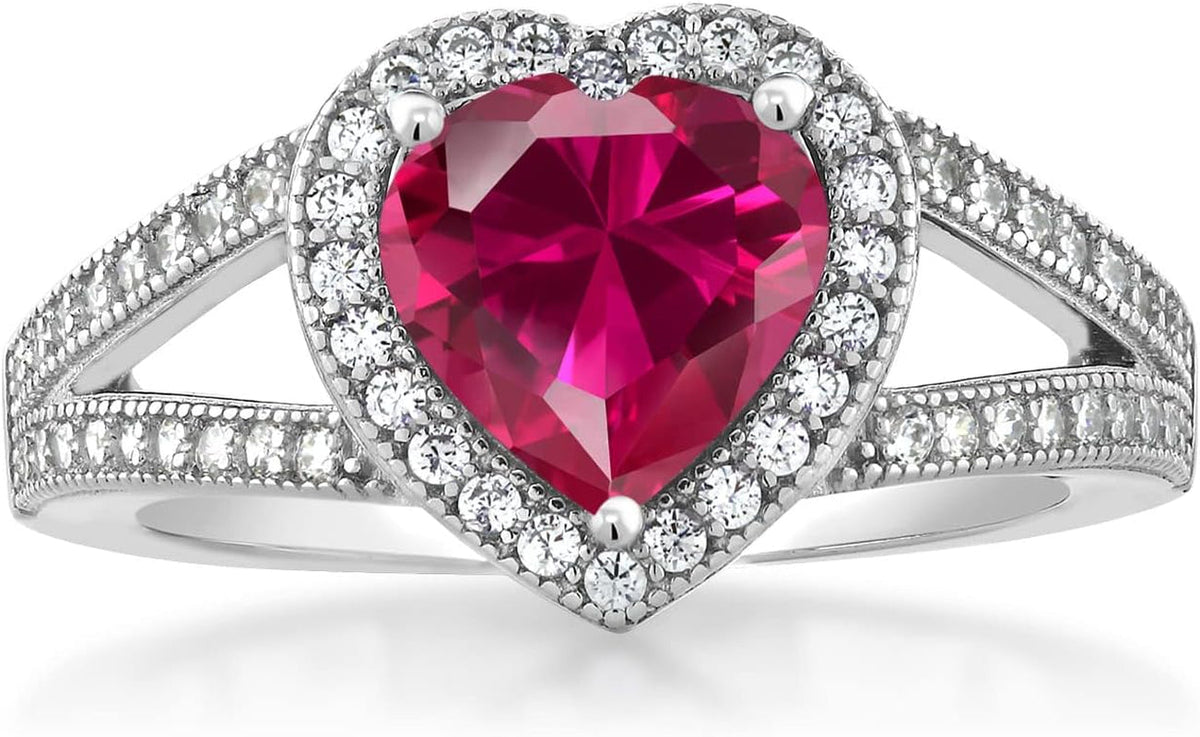 925 Sterling Silver Red Created Ruby and White Moissanite Ring for Women (2.41 Cttw, Gemstone July Birthstone, Heart Shape 8MM, Available in Size 5,6,7,8,9)