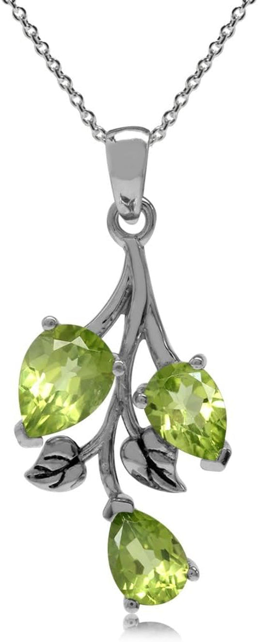 Pear Shape Birthstone Gemstone Antique Finishing 925 Sterling Silver Leaf Vintage Inspired Pendant with 18 Inch Chain Necklace Jewelry for Women