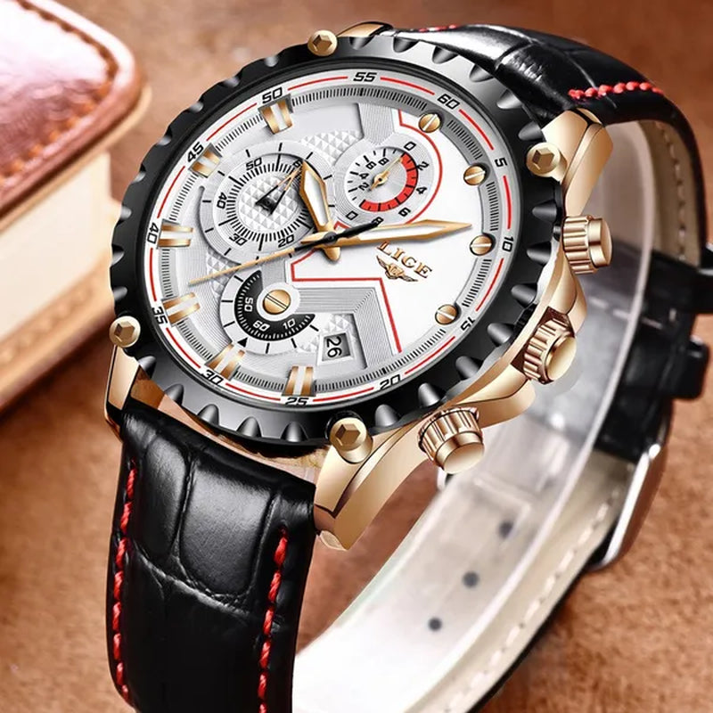 LIGE Mens Watches Top Brand Luxury Quartz Gold Watch Men Casual Leather Military Waterproof Sport Wrist Watch Male Fashion Clock