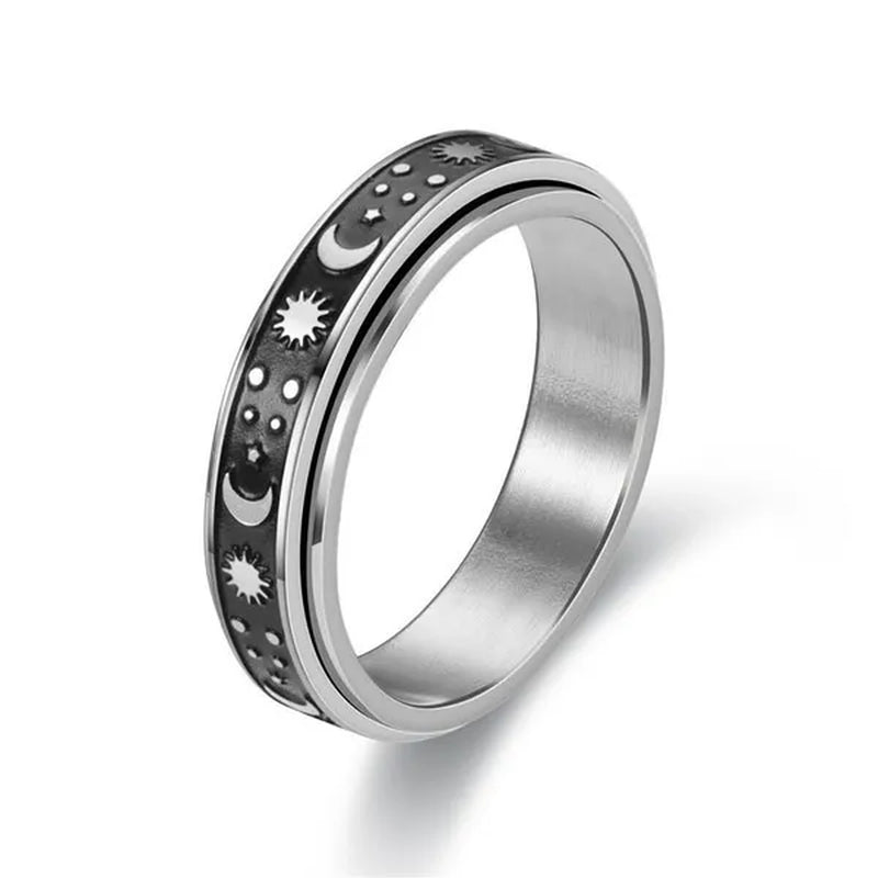 Couple Rings Rotatable Fidget Rings Stainless Steel Sun Moon Star Dot Waves Cat Pattern Spinner Ring Jewelry Gift for Women Men Boyfriend Girlfriend