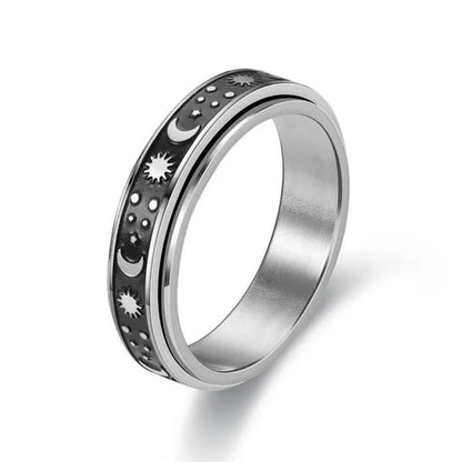Couple Rings Rotatable Fidget Rings Stainless Steel Sun Moon Star Dot Waves Cat Pattern Spinner Ring Jewelry Gift for Women Men Boyfriend Girlfriend