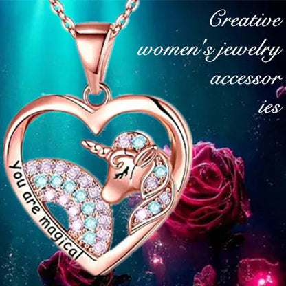 Elegant Fashion Creativity Rainbow Unicorn Necklace Rose Gold Heart-shaped Animal Pendant Necklace Engagement Necklace Women's Animal Jewelry Fashion Accessories Party Anniversary Gift
