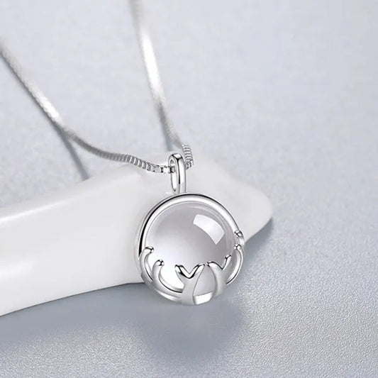 Fine Silver Color  Antlers Shape Bezel Setting Round Cut Moonstone Pendant Necklace for Women Romantic Wedding Jewelry Gift
