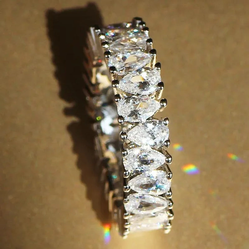 Luxurious  Silver Natural Gemstones White Sapphire Wedding Birthstone Bride Flower Engagement Ellipse Drop Ring Jewelry Size 6 7 8 9 10