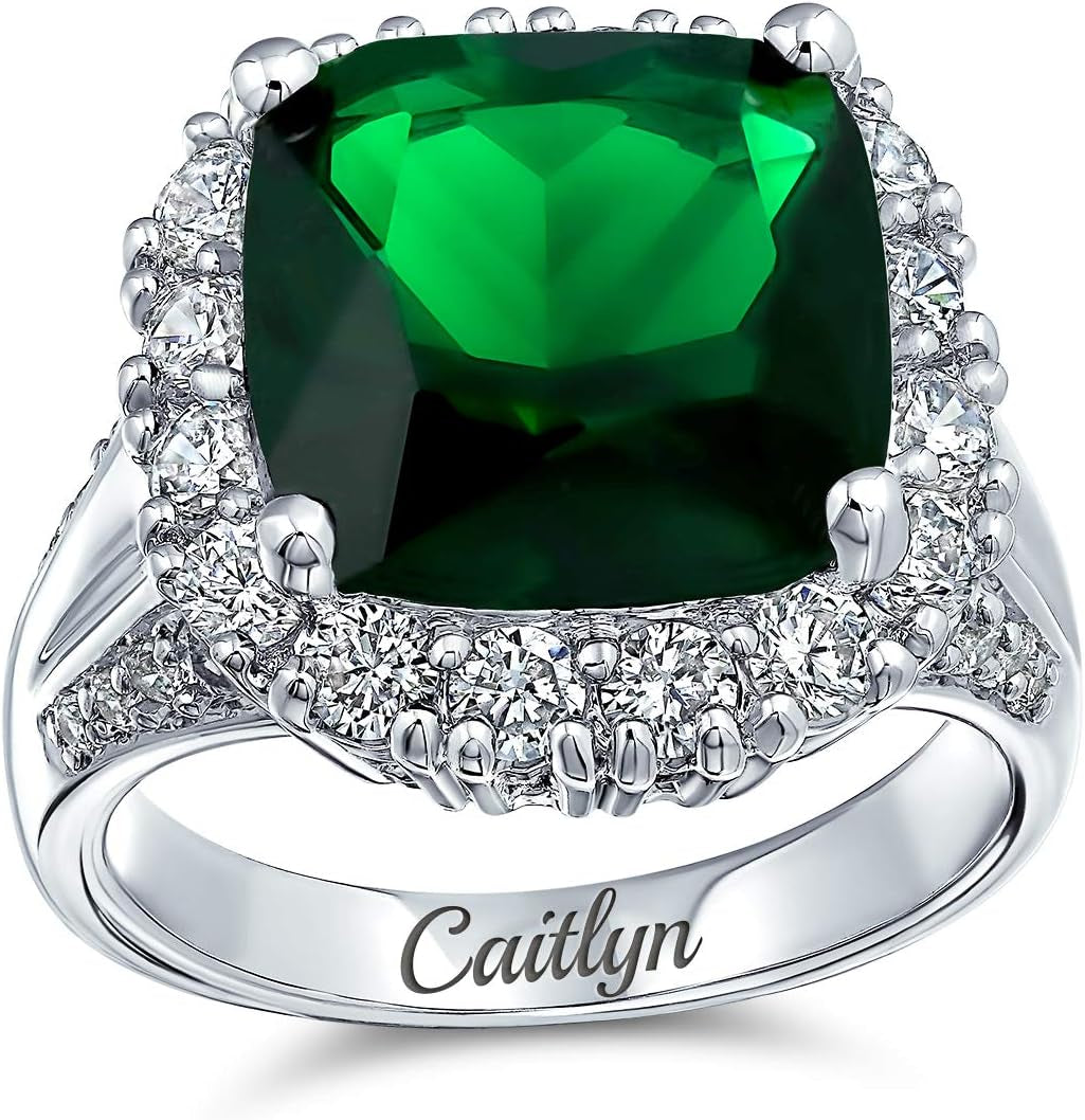 Big Solitaire AAA Cubic Zirconia Pave CZ 5-7CTW Cushion Emerald Cut Simulated Ruby Red Green Vintage Art Deco Style Halo Cocktail Statement Ring for Women Silver Plated Customizable