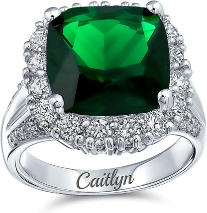 Big Solitaire AAA Cubic Zirconia Pave CZ 5-7CTW Cushion Emerald Cut Simulated Ruby Red Green Vintage Art Deco Style Halo Cocktail Statement Ring for Women Silver Plated Customizable