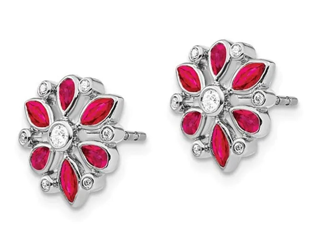 14K White Gold 9/10 Carat (ctw) Natural Ruby Flower Earrings with Diamonds 1/8 Carat (ctw)