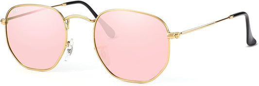 Small Square Sunglasses for Women Men 100% Real Glass Lens Hexagonal Frame