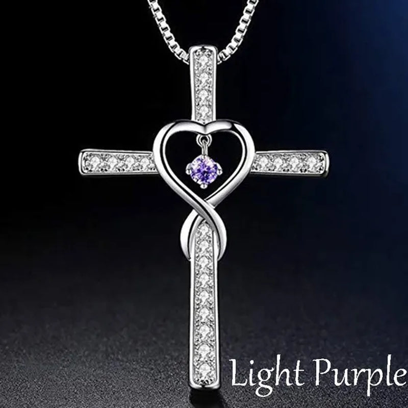 Infinity Love God We Trust Christian Cross Birthstone Diamond Rhinestone Pendant Necklace Birthday Gifts Jewelry For Women Christmas Girls