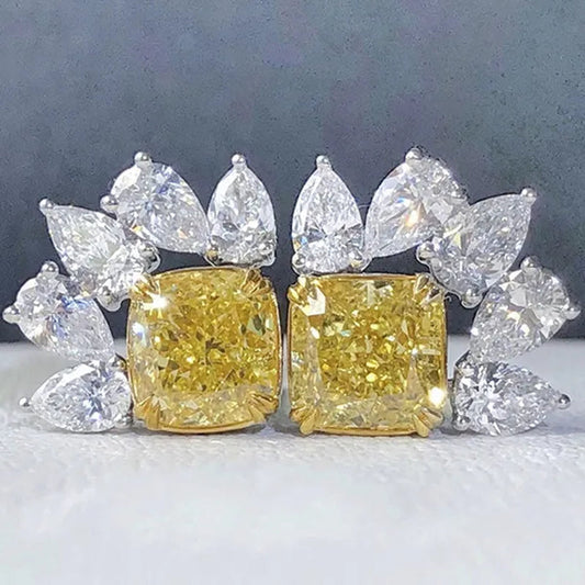 925 Sterling Silver Delicate Cushion Cut Citrine Stud Earrings for Women Party Proposal Waterdrop Diamond Earrings Jewelry