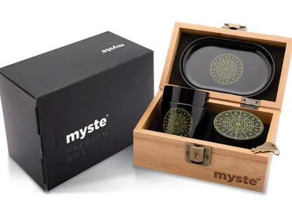 MYSTE BLUE MANDALA Stash Box Smell Proof Set, Grinder Large 2.5'' (63mm), Premium Combo Stashbox Kit, Wooden With Accessories