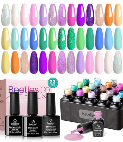Beetles 23Pcs Gel Nail Polish Kit with Glossy Matte Top Coat and Base Coat Girls Night Collection White Nude Gray Glitters Gel Nail Polish Set U V Soak Off Holiday Manicure for Women Girls