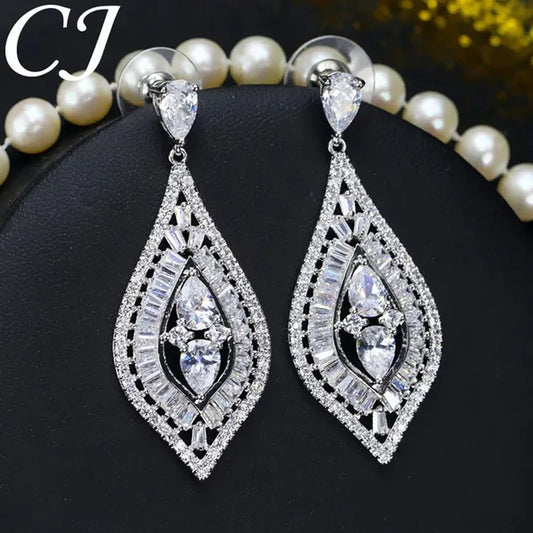 CANDICE Elegant Sterling Silver Plated Hypoallergenic Jewelry Tear Drop Full Micro-inlay Luxury CZ Zirconia Wedding Big Long Dangle Earrings For Bride