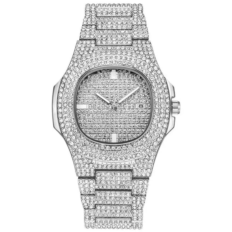 Fashion Gold Stainless Steel Hip Hop Jewelry Iced Out Diamond Thick Miami Cuban Link Chain Necklace Bracelet Watch Ring Jewelry Set
