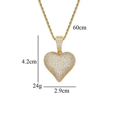 Full Diamonds Heart Shape / US Dollar Symbol Pendant with 24" Rope Chain Necklace Iced Out Brass Jewelry for Man Woman
