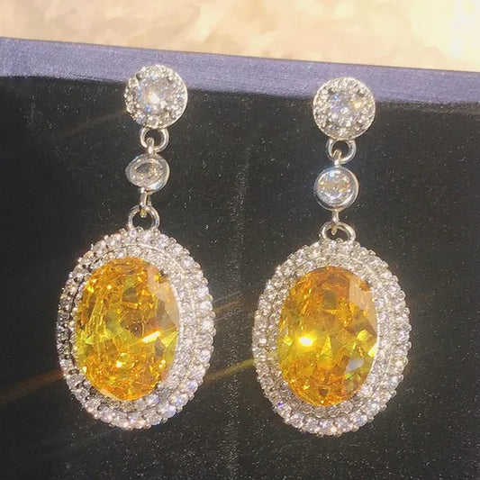 Bridal Wedding Earrings for Women 4 Prong Setting Oval Citrine Pendant Silver Plated Micro Pave Lab Diamond Yellow Gemstone Drop Earrings