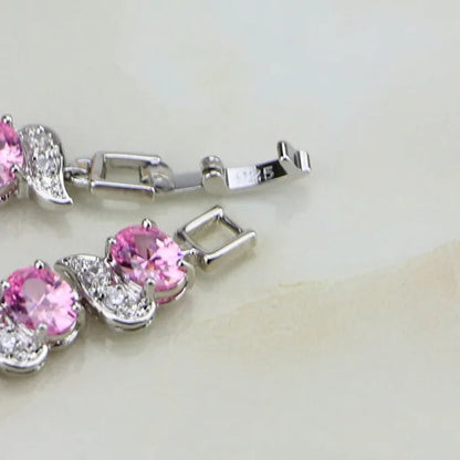 925 Sterling Silver Jewelry Pink Zircon Stones Chain & Link Charm Bracelet Christmas Gifts For Women