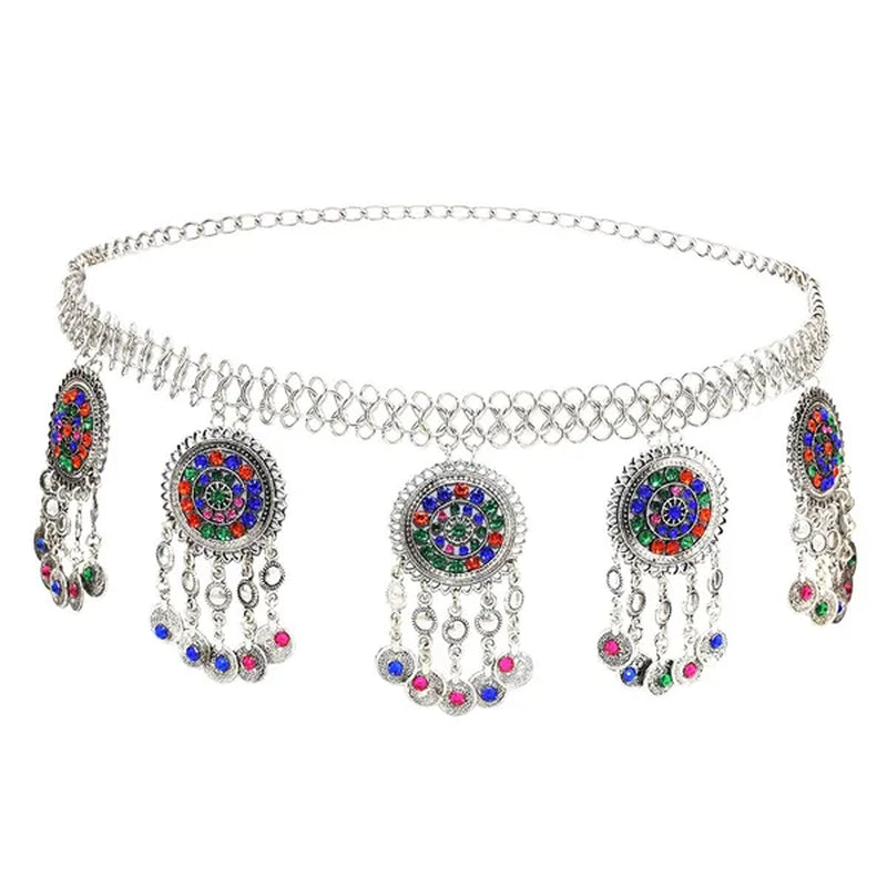 Bohemian Coin Tassel Color Rhinestones Hollow Out Waist Belly Body Chain for Woman