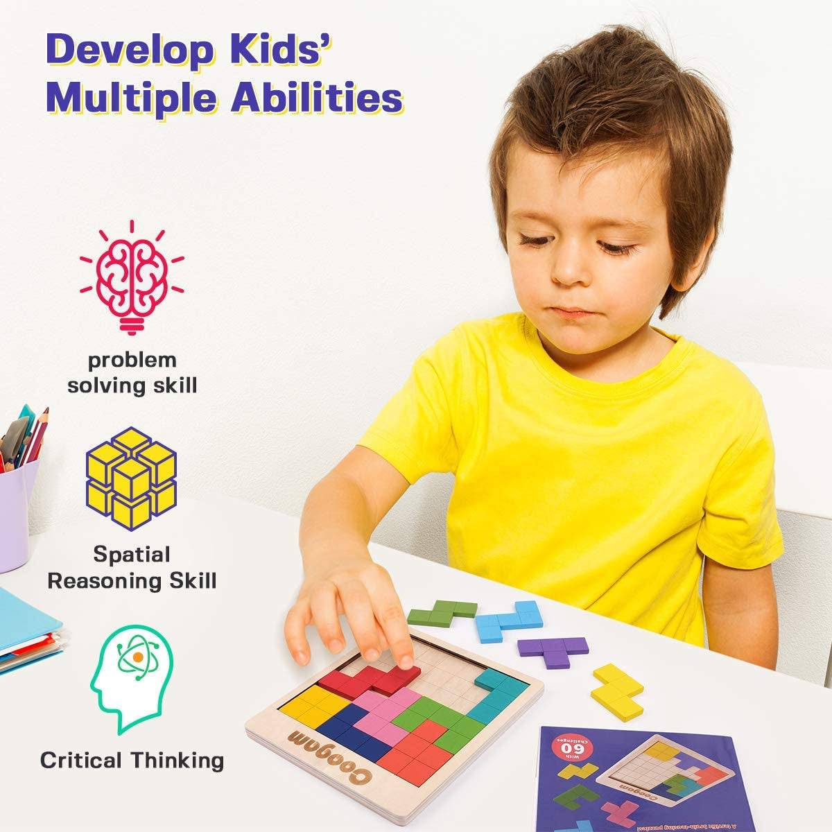 Wooden Puzzle Pattern Blocks Brain Teasers Game with 60 Challenges, 3D Russian Building Toy Wood Tangram Shape Jigsaw Puzzles Montessori STEM Educational Toys Gift for Kids Adults