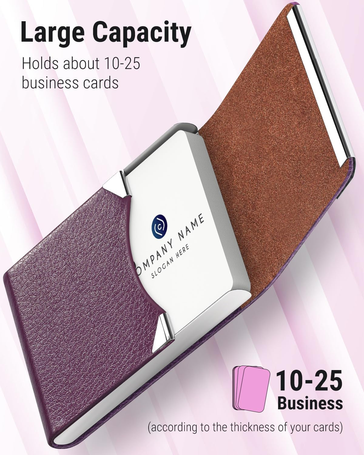 Business Card Holder, PU Leather & Stainless Steel Business Card Case for Men or Women, Slim Name Cards Holder RFID Blocking Credit Cards Carrier with Magnetic Closure, Purple