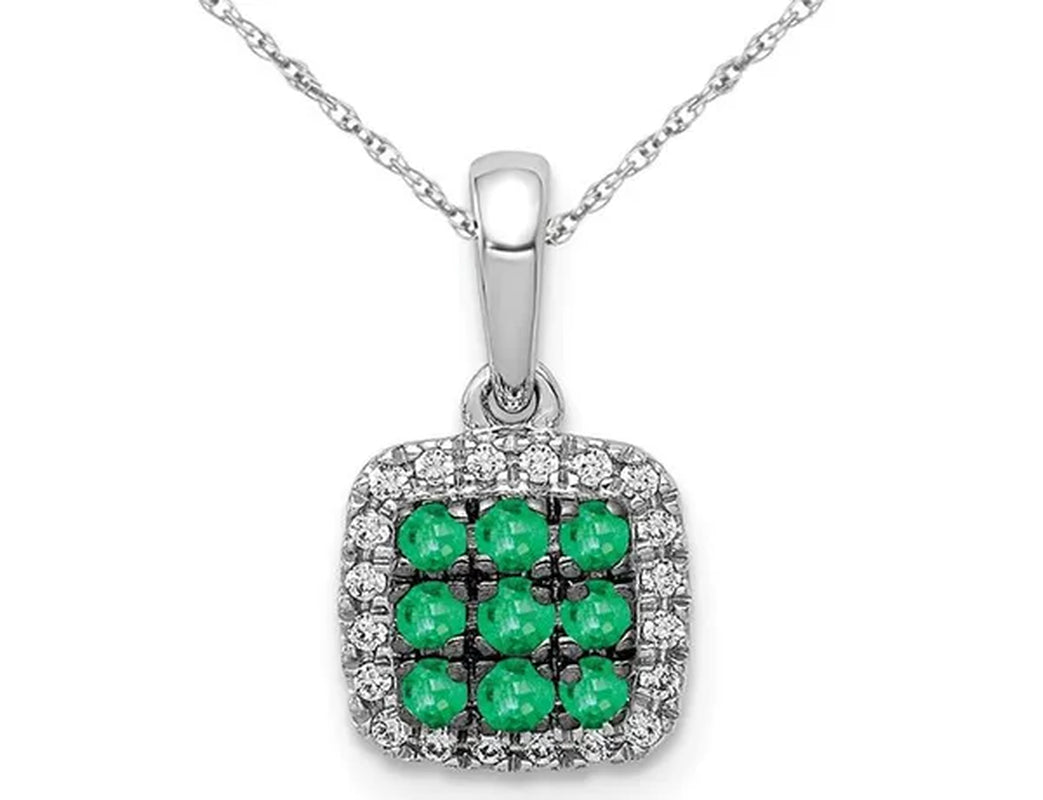 1/6 Carat (ctw) Natural Cluster Emerald Halo Pendant Necklace in 14K White Gold with Chain and Accent Diamonds