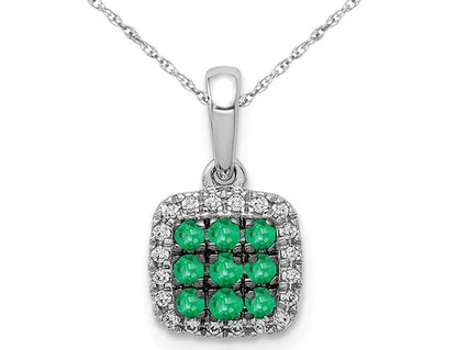 1/6 Carat (ctw) Natural Cluster Emerald Halo Pendant Necklace in 14K White Gold with Chain and Accent Diamonds