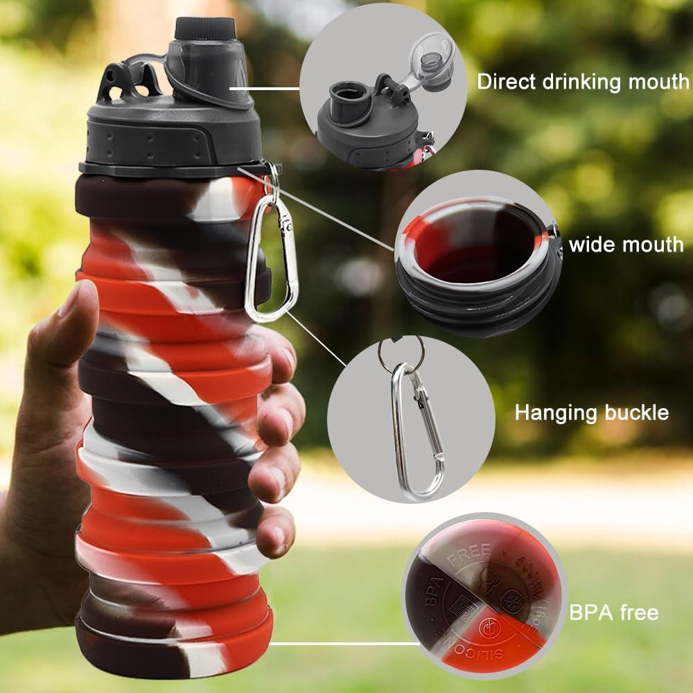 Silicone Collapsible Water Bottles, 16Oz 500Ml Portable Foldable Expandable Water Bottle Sports Cups, Leak Proof Reusable BPA Free, for Outdoor Activities Travel (A-Black Red)