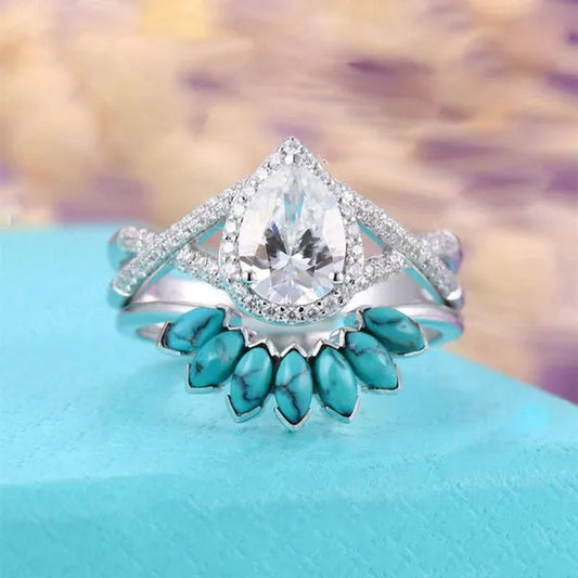 2 Pcs/Set Gifts Handmade Luxury Exquisite Ring Fashion Jewelry Europe and America Noble Elegant Woman Ring Set Natural White Sapphire Zircon Diamond Turquoise Ring Anniversary Party Engagement Bride Princess Wedding Jewelry Christmas Gift Ring Size US4-11
