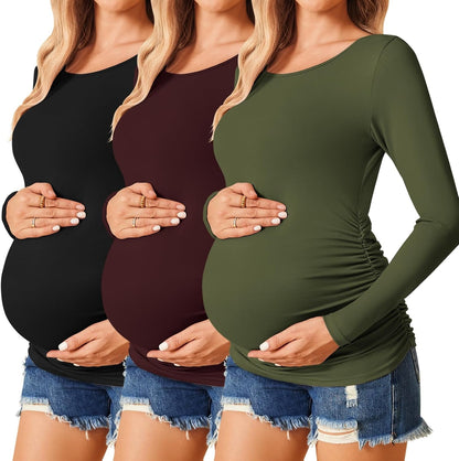 Womens Maternity Shirts Long Sleeve 3 Packs Pregnancy Tee Top Tunic Blouse Casual Mama Clothes S-XXL