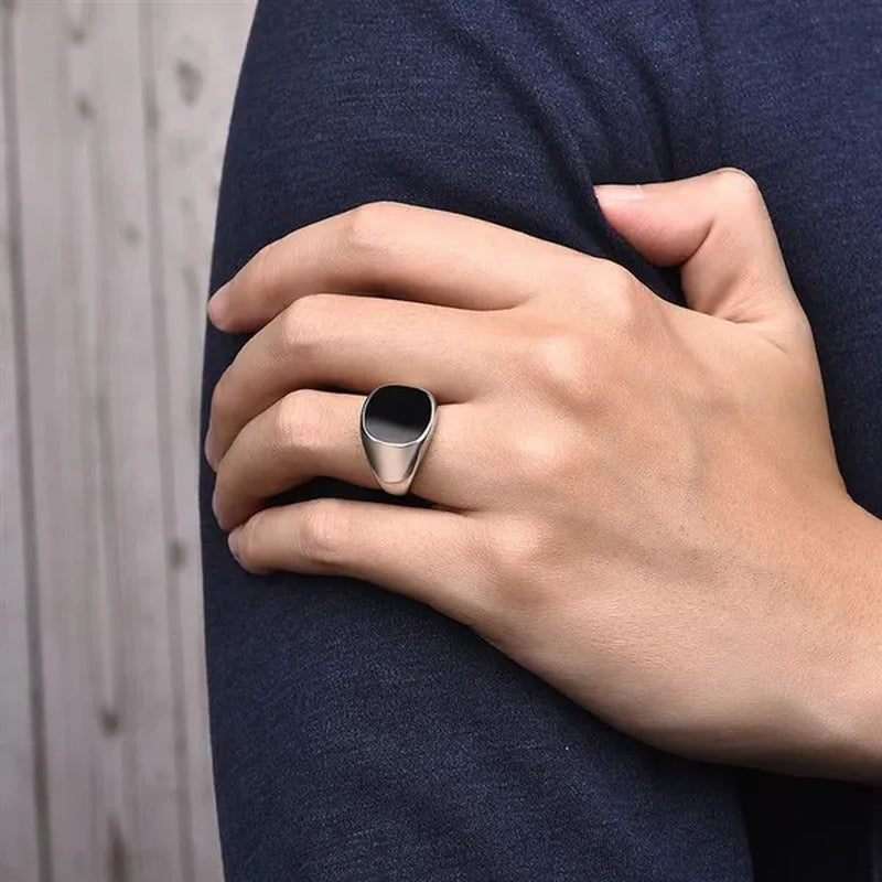 Men's Classic Simple Rounded Square Dripping Oil Stainless Steel Ring Silver Plated Gold Color Groom Wedding Engagement Anniversary Gift Jewelry