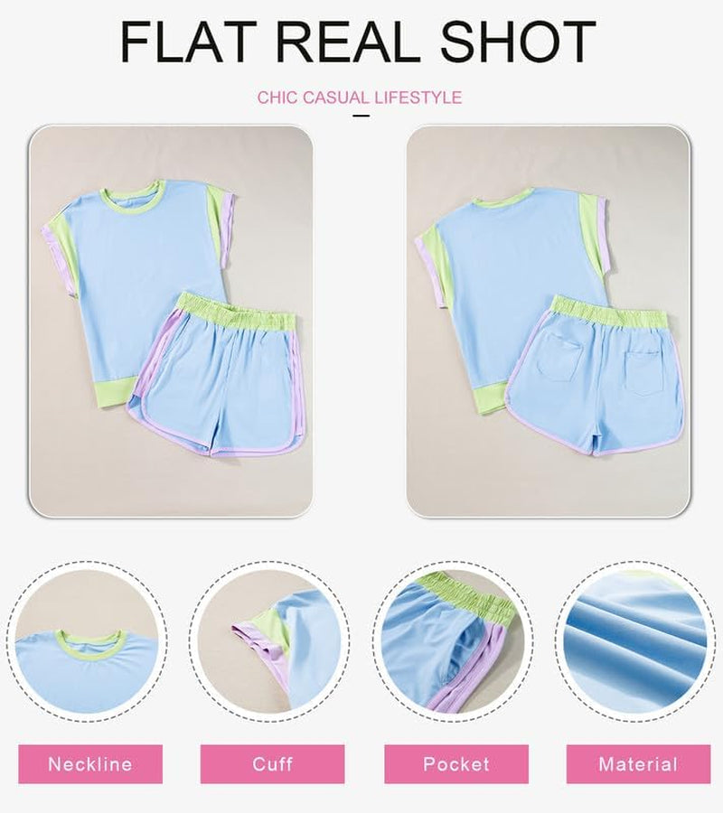 Two 2 Piece Lounge Sets for Women Summer Casual Short Sleeve Tops Matching Shorts Loose Fit Loungewear Tracksuit Set Womens Clothing Sky Blue S