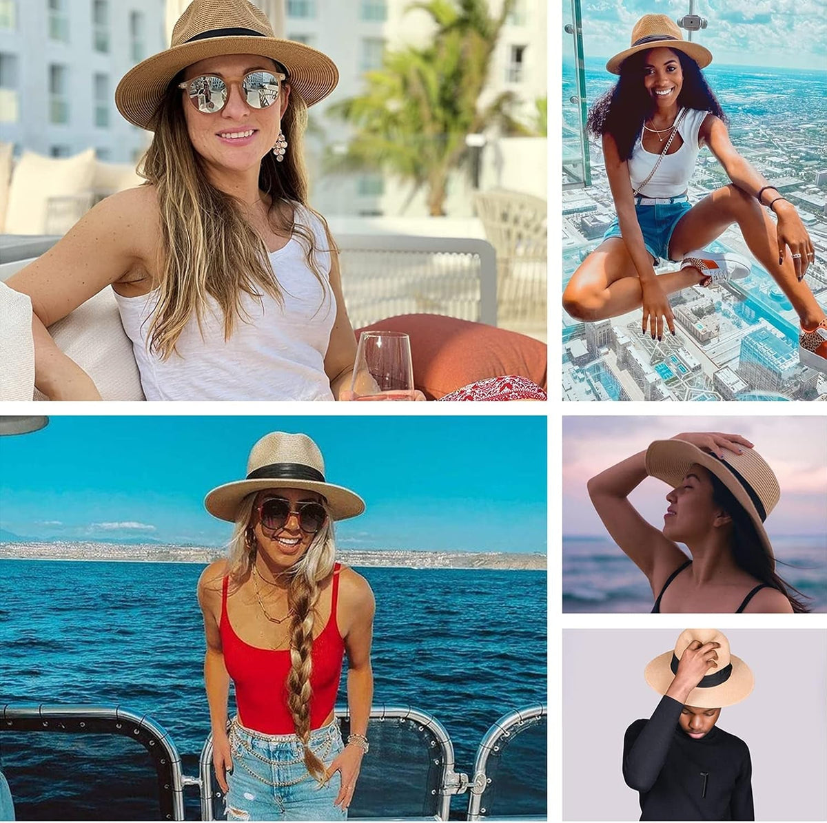 Womens Mens Wide Brim Straw Panama Hat Fedora Summer Beach Sun Hat UPF Straw Hat for Women