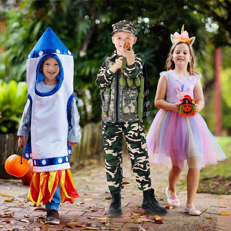 Army Uniform Cosplay Costume Soldier Outfits with Clothes, Tatical Vest and Other Toys Acessories for Kids